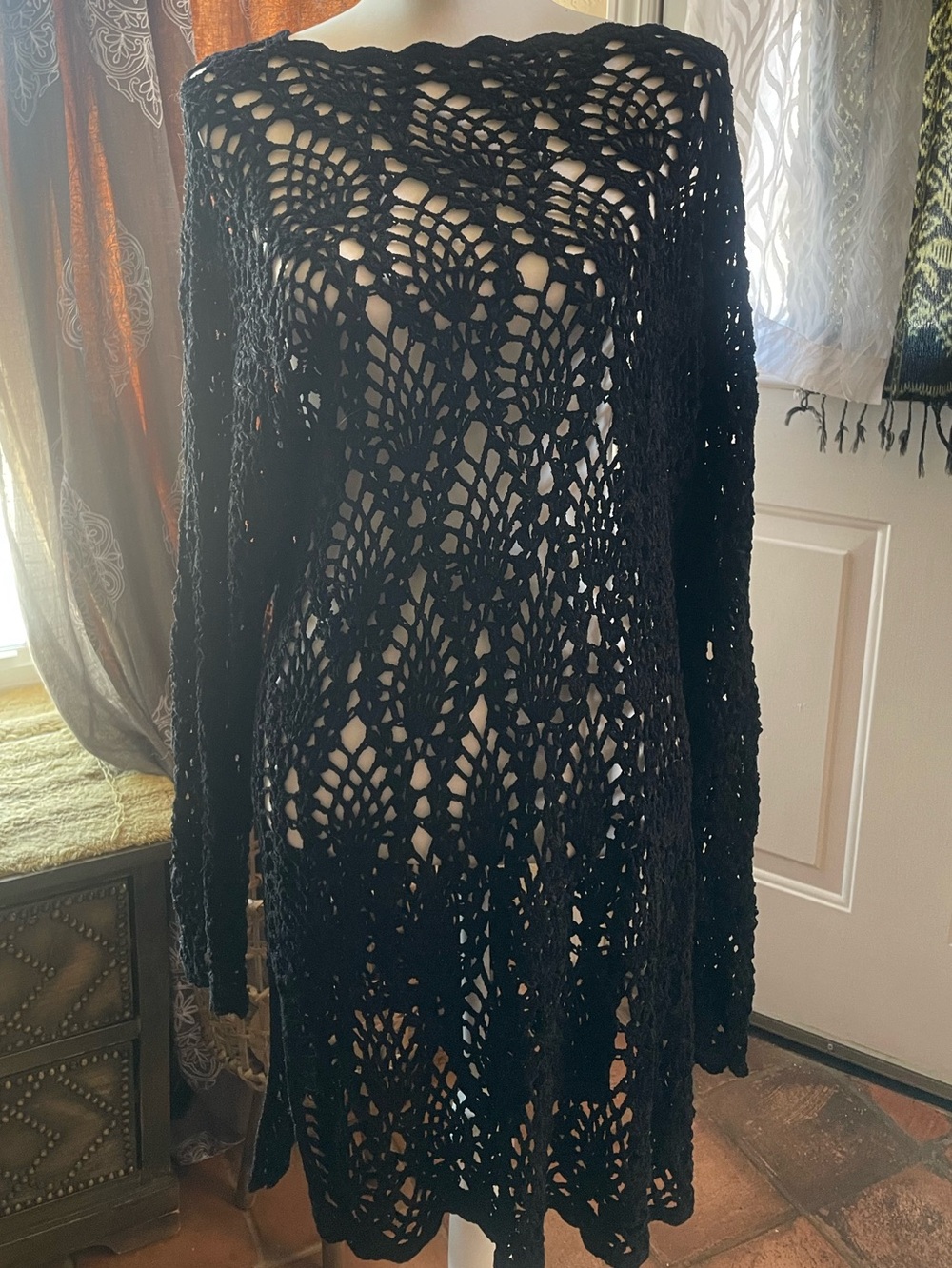 Vintage 90’s Boho Grunge Gothic Black Crochet Open-Knit Sweater Top dress Med - Picture 3 of 10